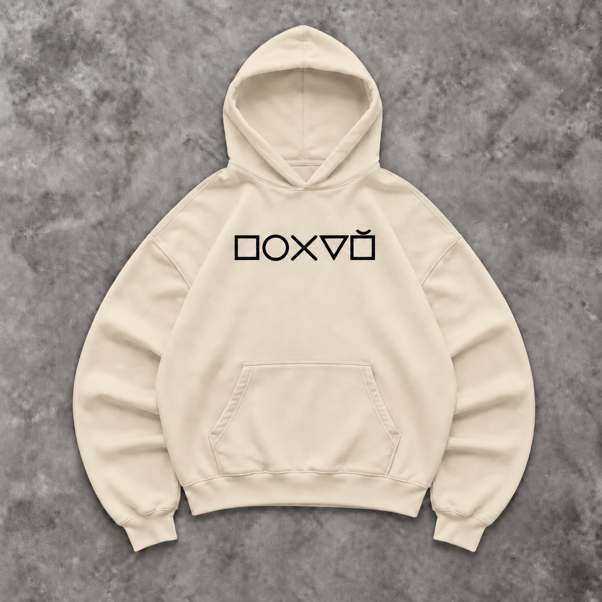 Slavikstyle pohui-hoodie – Beige – Mockup auf Beton