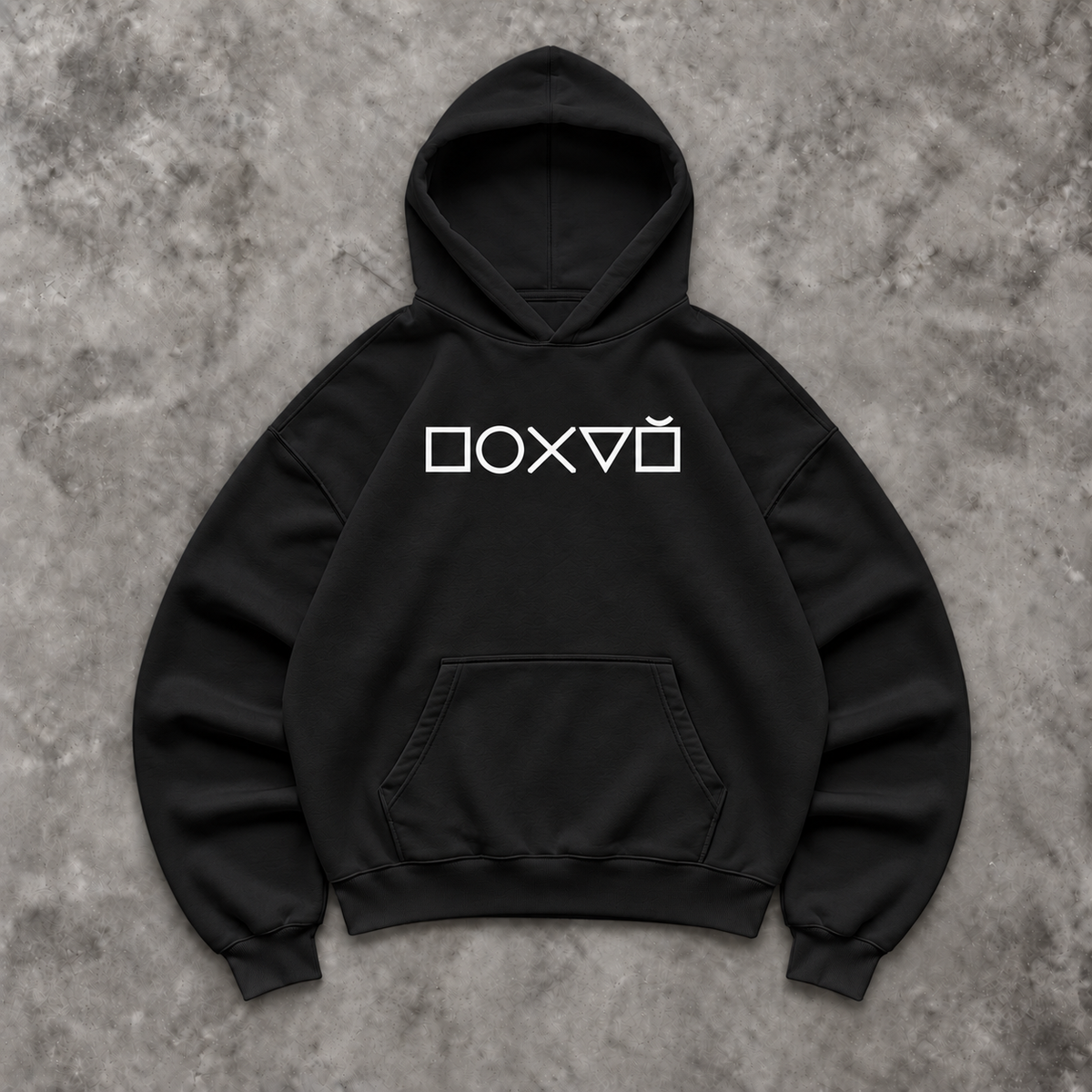 Slavikstyle pohui-hoodie – Schwarz – Mockup auf Beton