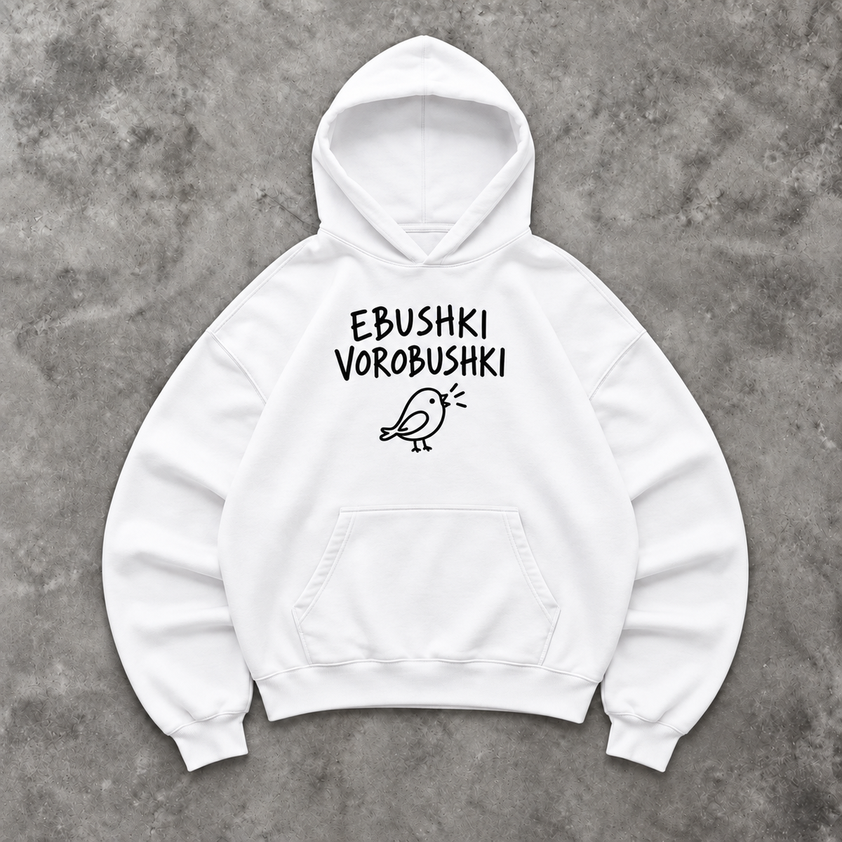 Slavikstyle vorobushki-hoodie – Weiß – Mockup auf Beton